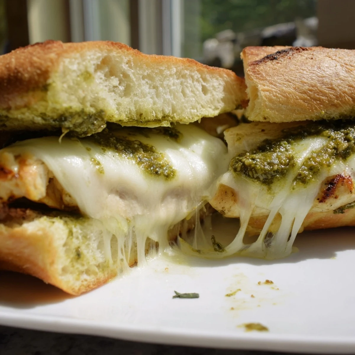 A close-up of a Pesto Chicken Melt, showcasing gooey melted cheese and creamy basil pesto inside.