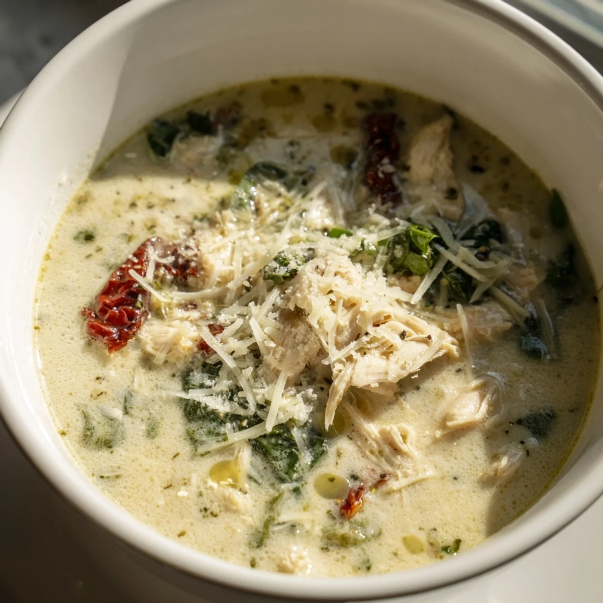 A warm bowl of Creamy Tuscan Chicken Soup, brimming with shredded chicken, wilted spinach, and sun-dried tomatoes in a rich, herb-infused broth.