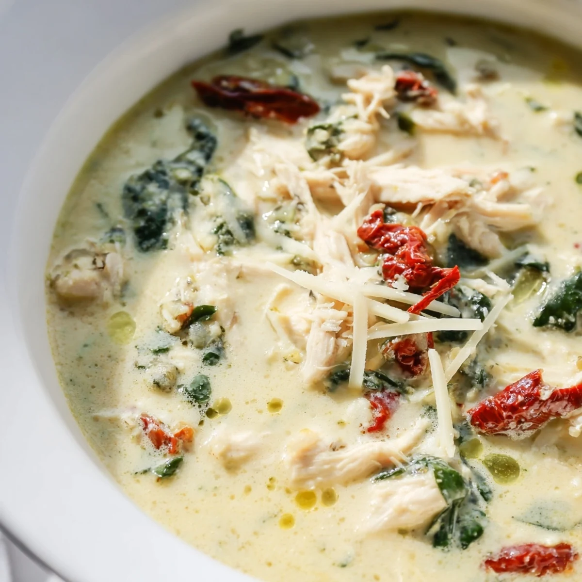 Creamy Tuscan Chicken Soup simmering gently in a pot, showcasing tender chicken, vibrant spinach, and chopped sun-dried tomatoes in a velvety cream base.