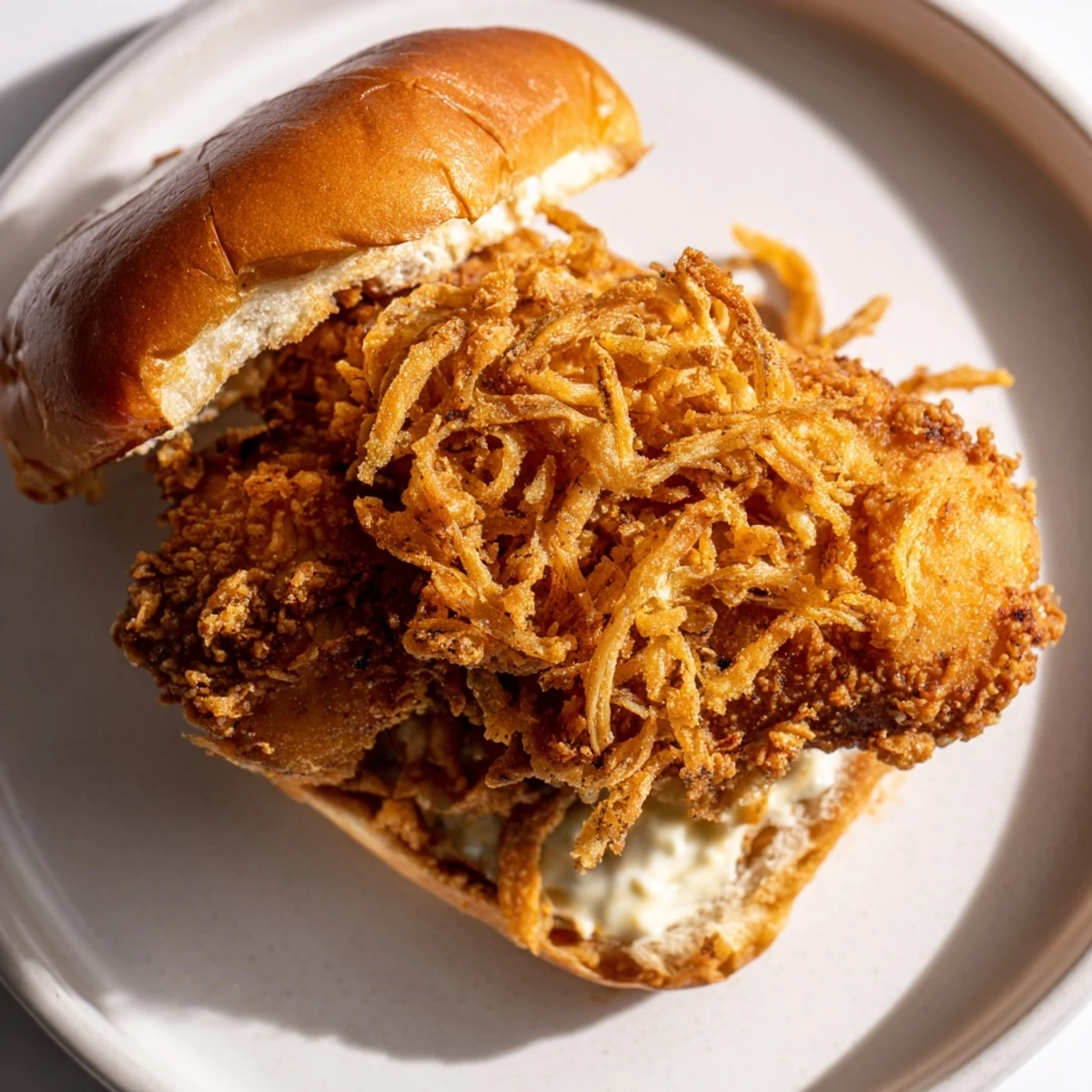 Crispy Onion Chicken Sandwich served with crisp lettuce and a side of tangy pickles for an American dinner.