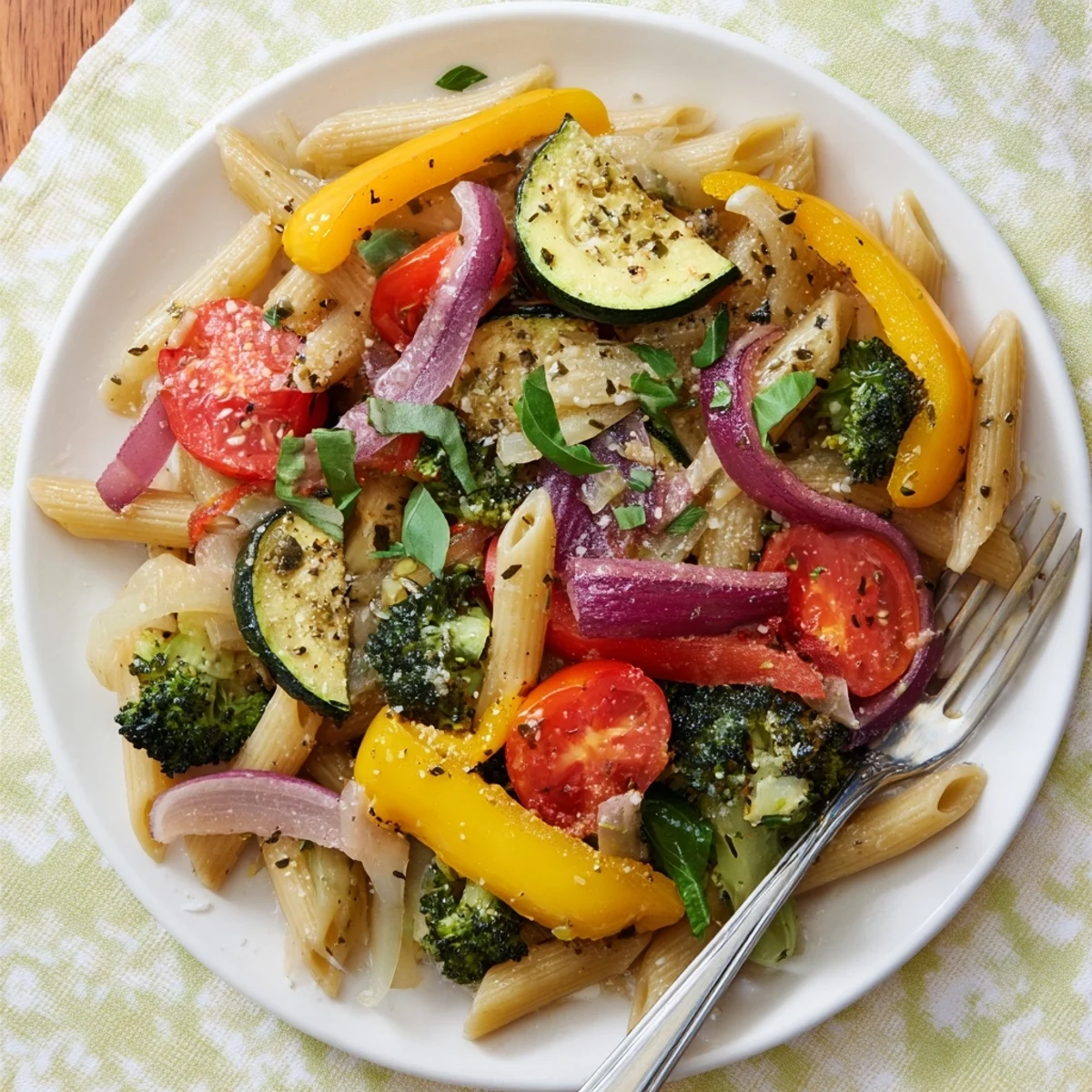 Twirled forkful of colorful Pasta Primavera with zucchini, bell peppers, and cherry tomatoes over a rustic white plate.