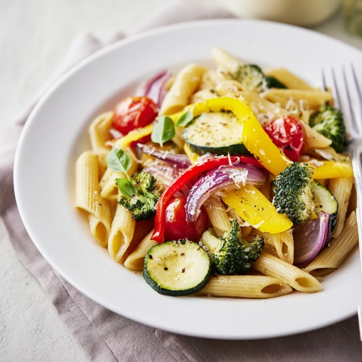 Steaming skillet of Pasta Primavera, tossed with olive oil and garlic, ready to serve with lemon wedges and Parmesan.
