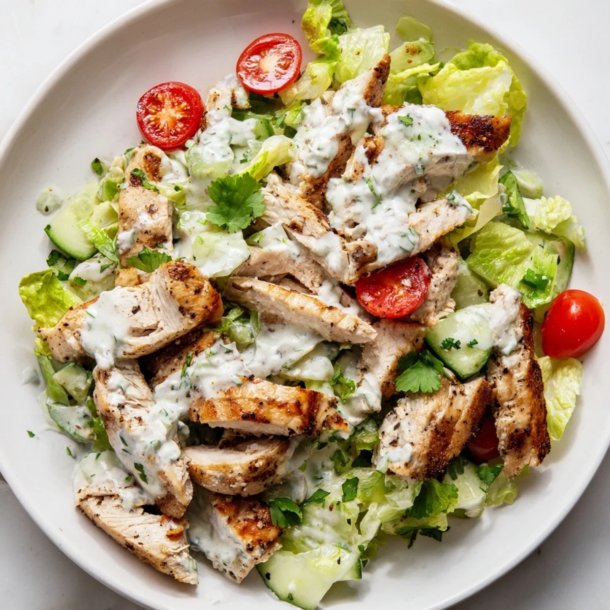 Chopped grilled chicken coated in creamy jalapeño ranch, served over crisp romaine with tomatoes and cucumber for a zesty kick.