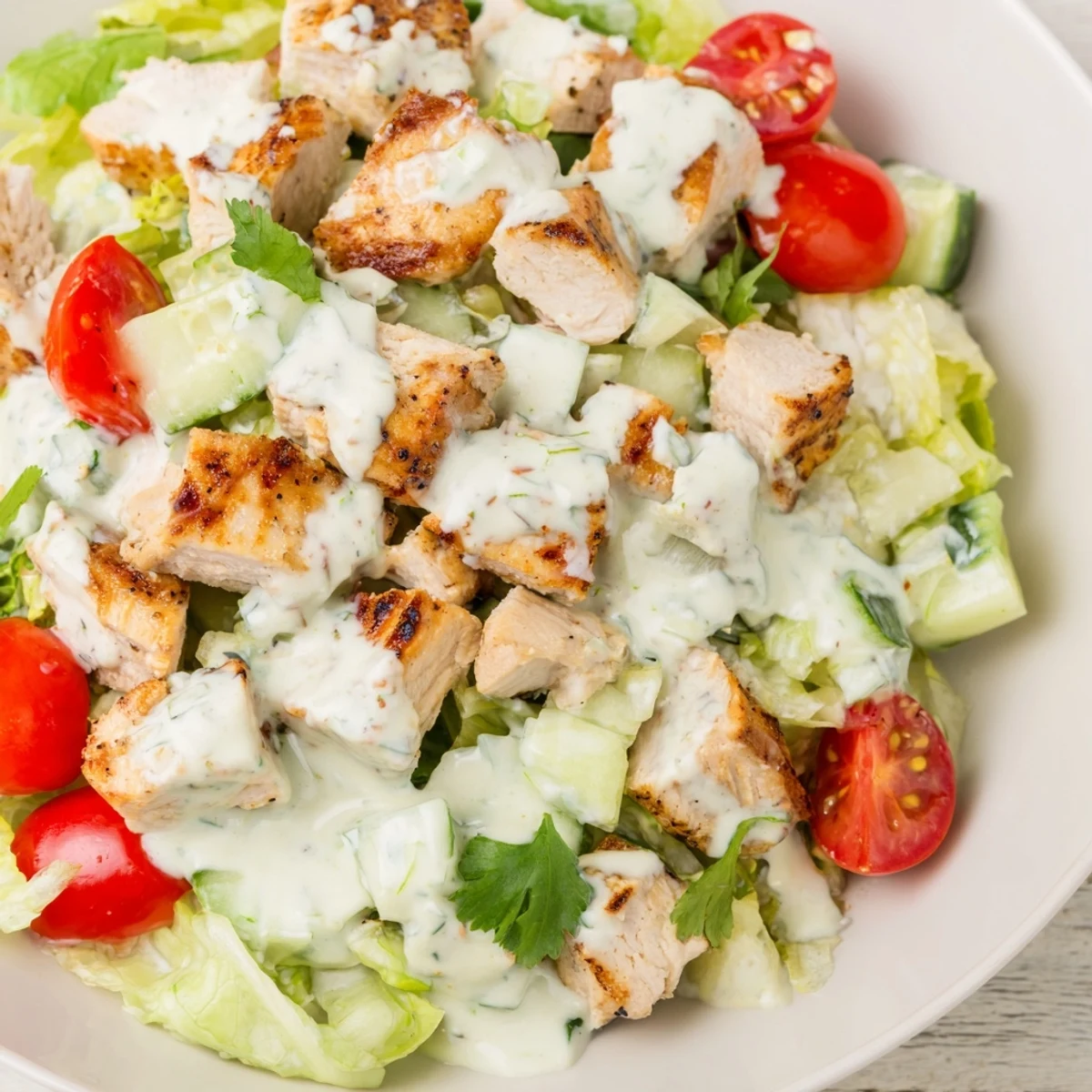 Close-up of a vibrant Jalapeño Ranch Chicken Salad, showcasing juicy chicken, cool ranch, and crisp lettuce, ready to serve for dinner.