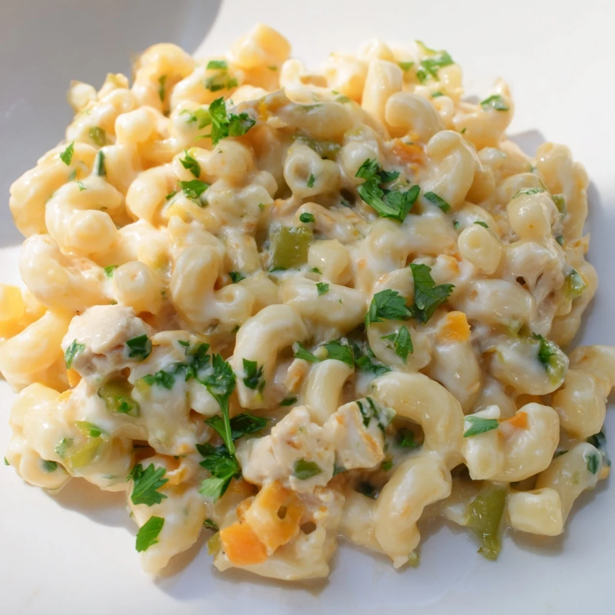 A close-up view of Green Chili Chicken Mac, with melty Monterey Jack and sharp cheddar cheese coating every macaroni shell in the skillet.