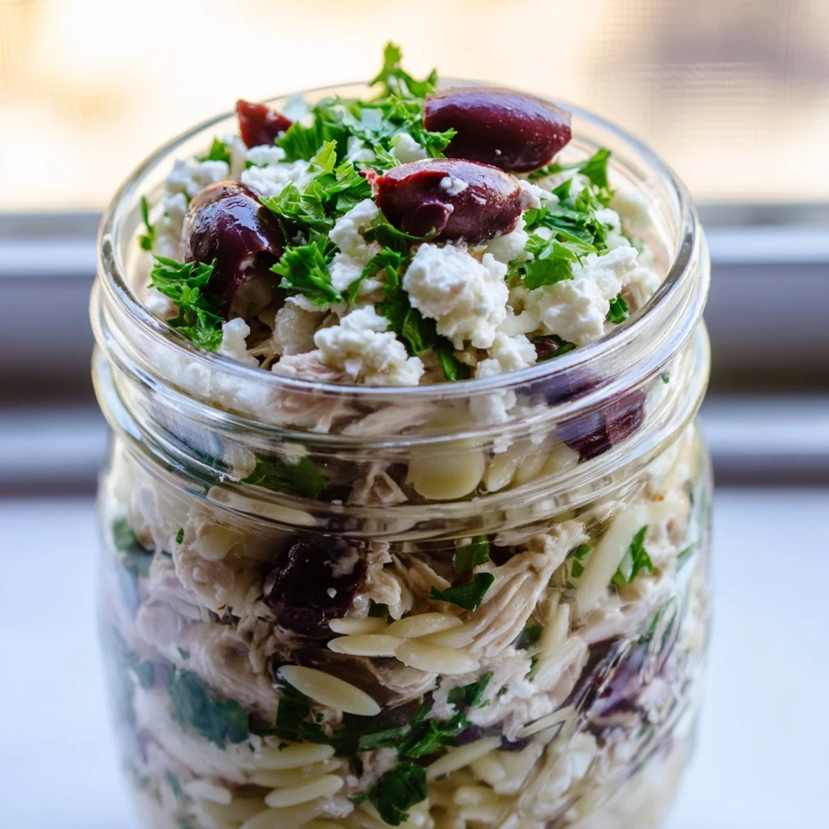 Freshly prepared Greek Pasta Chicken Salad Jars layered with orzo, diced chicken, cherry tomatoes, and cucumber, ready for a healthy grab-and-go Mediterranean lunch.