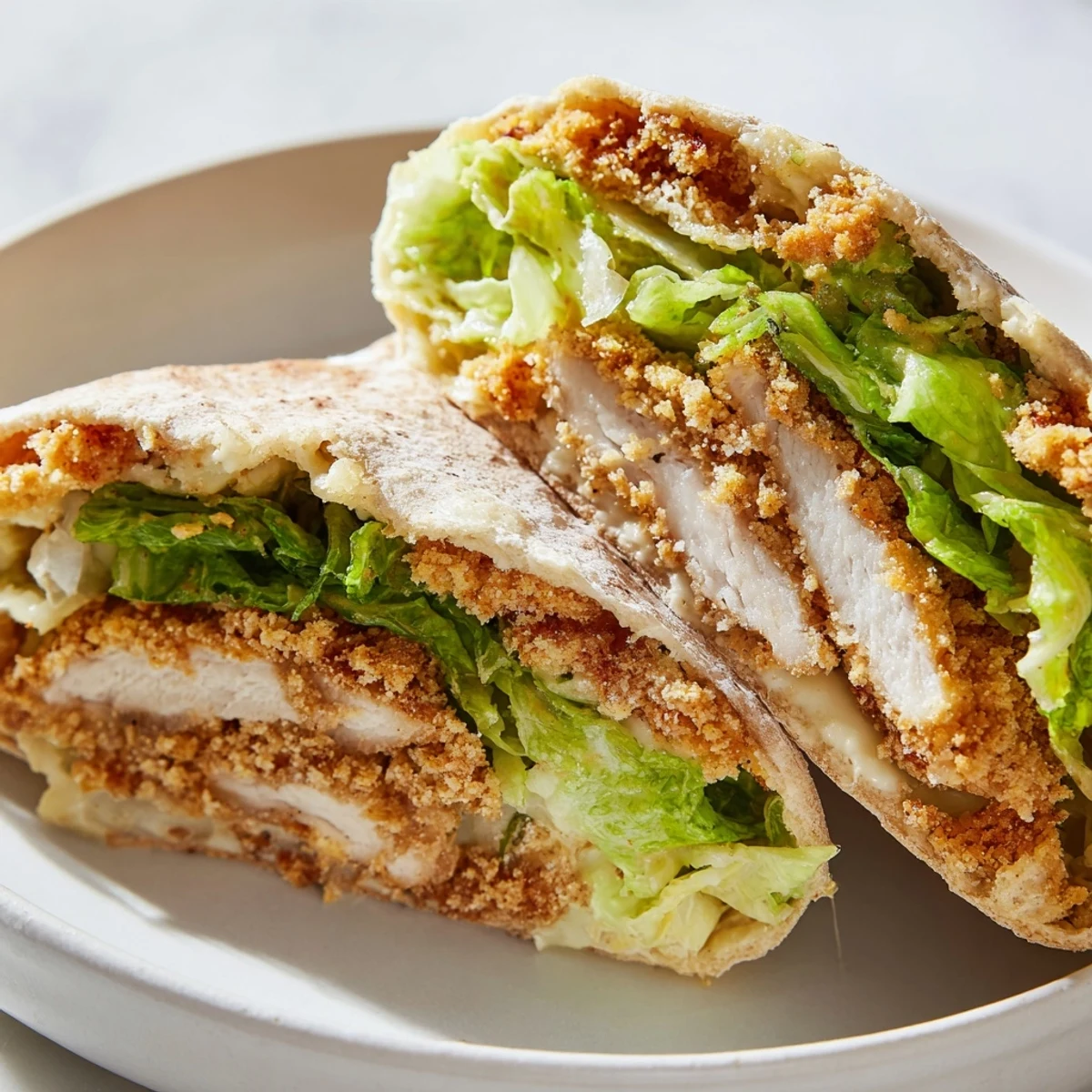 Crispy herbed chicken Caesar pitas stuffed with tender golden cutlets and fresh romaine in warm pita pockets.