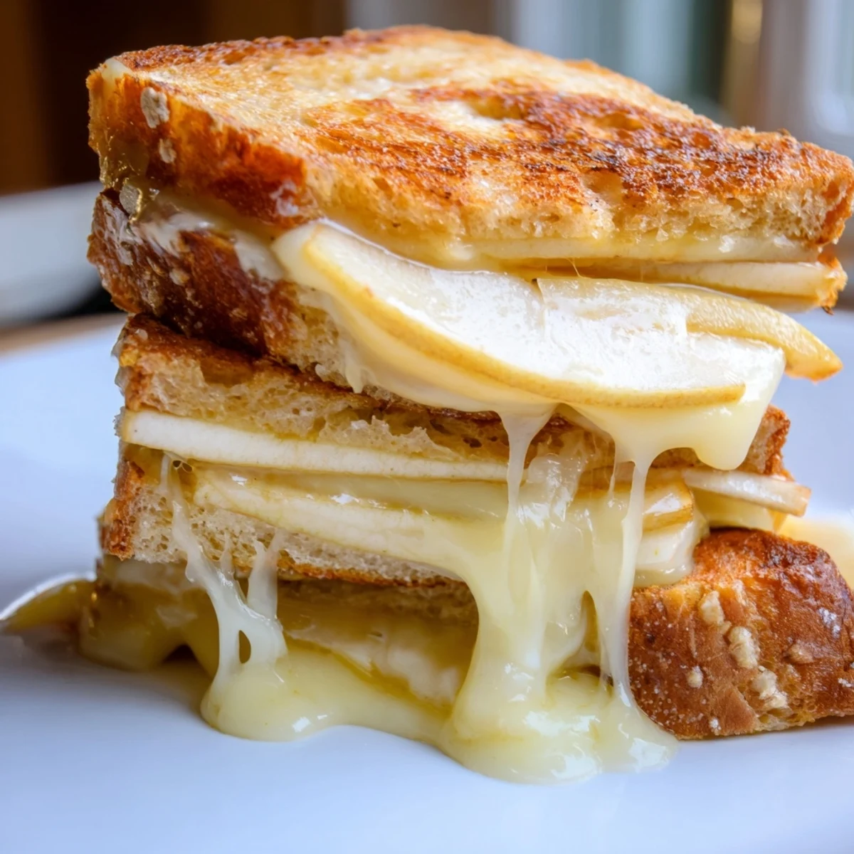 A close-up view shows the gooey cheese and tender apples between buttery, toasted bread.