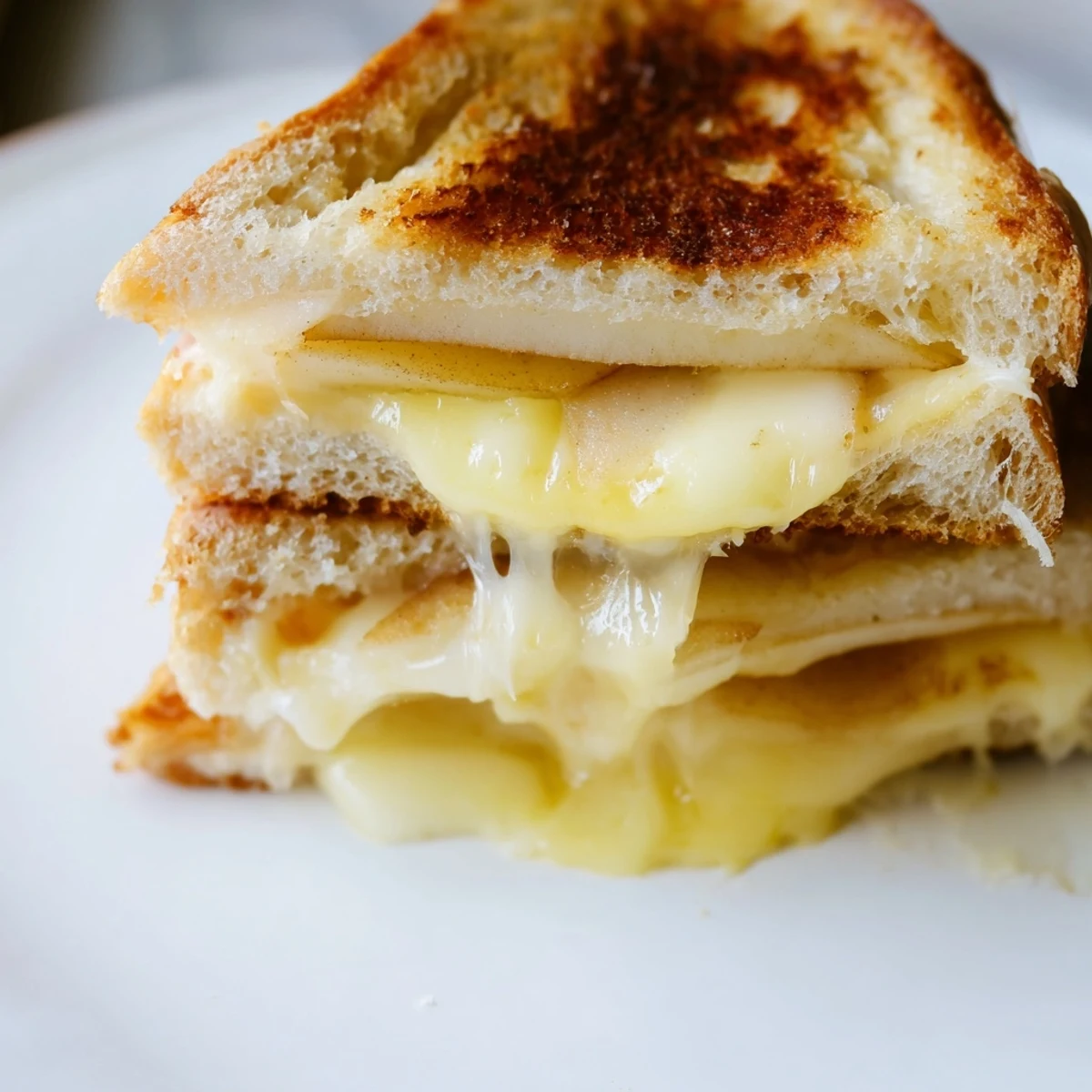 Served warm on a wooden board, this savory and sweet gourmet grilled cheese is ready to enjoy.
