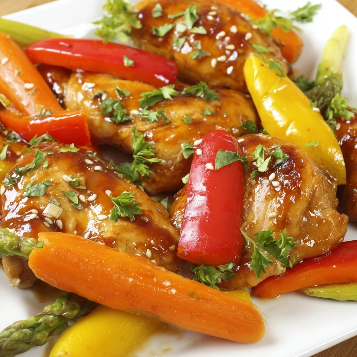 Roasted bite-sized chicken and colorful spring vegetables glistening in a sweet-savory honey garlic sauce, served over fluffy white rice on a dinner plate. Sheet Pan Honey Garlic Chicken & Veg