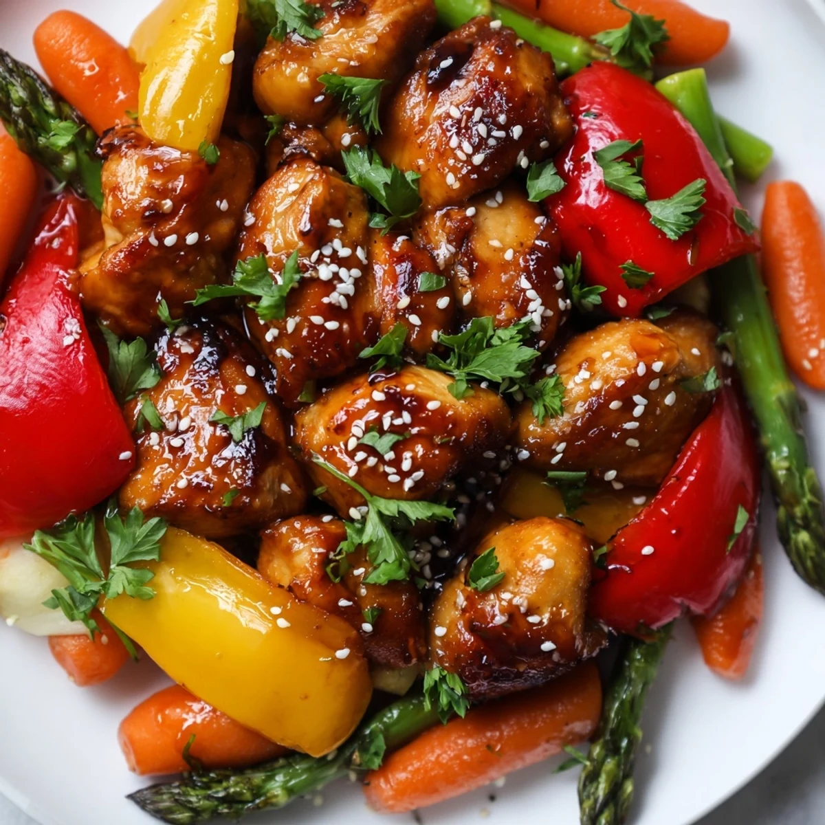 Golden-brown chicken and vibrant vegetables, including red onion and sugar snap peas, fresh from the oven with a glossy honey garlic glaze, perfect for an easy weeknight meal. Sheet Pan Honey Garlic Chicken & Veg