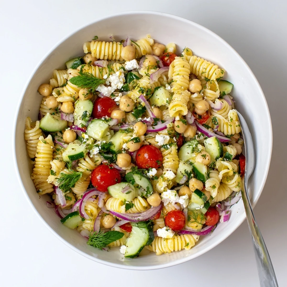 A vibrant bowl of Lemon Herb Chickpea Pasta Salad featuring diced cucumbers, cherry tomatoes, and fresh herbs tossed in a zesty lemon dressing.