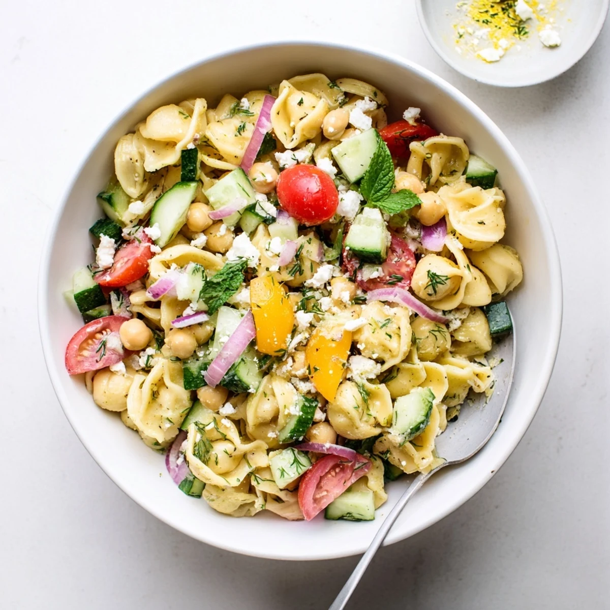 Light and refreshing Lemon Herb Chickpea Pasta Salad served in a white bowl, perfect for a gluten-free summer picnic lunch.