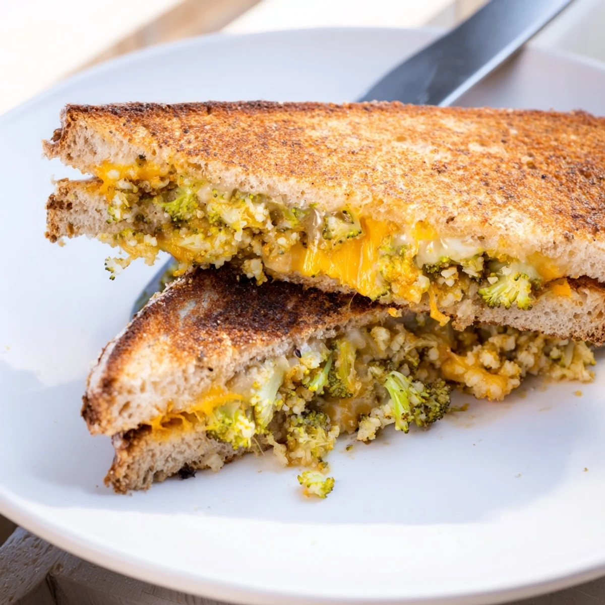 Golden toasted sourdough slices hold melted sharp cheddar and tender, caramelized roasted broccoli in this hearty Roasted Broccoli & Cheddar Grilled Cheese sandwich.
