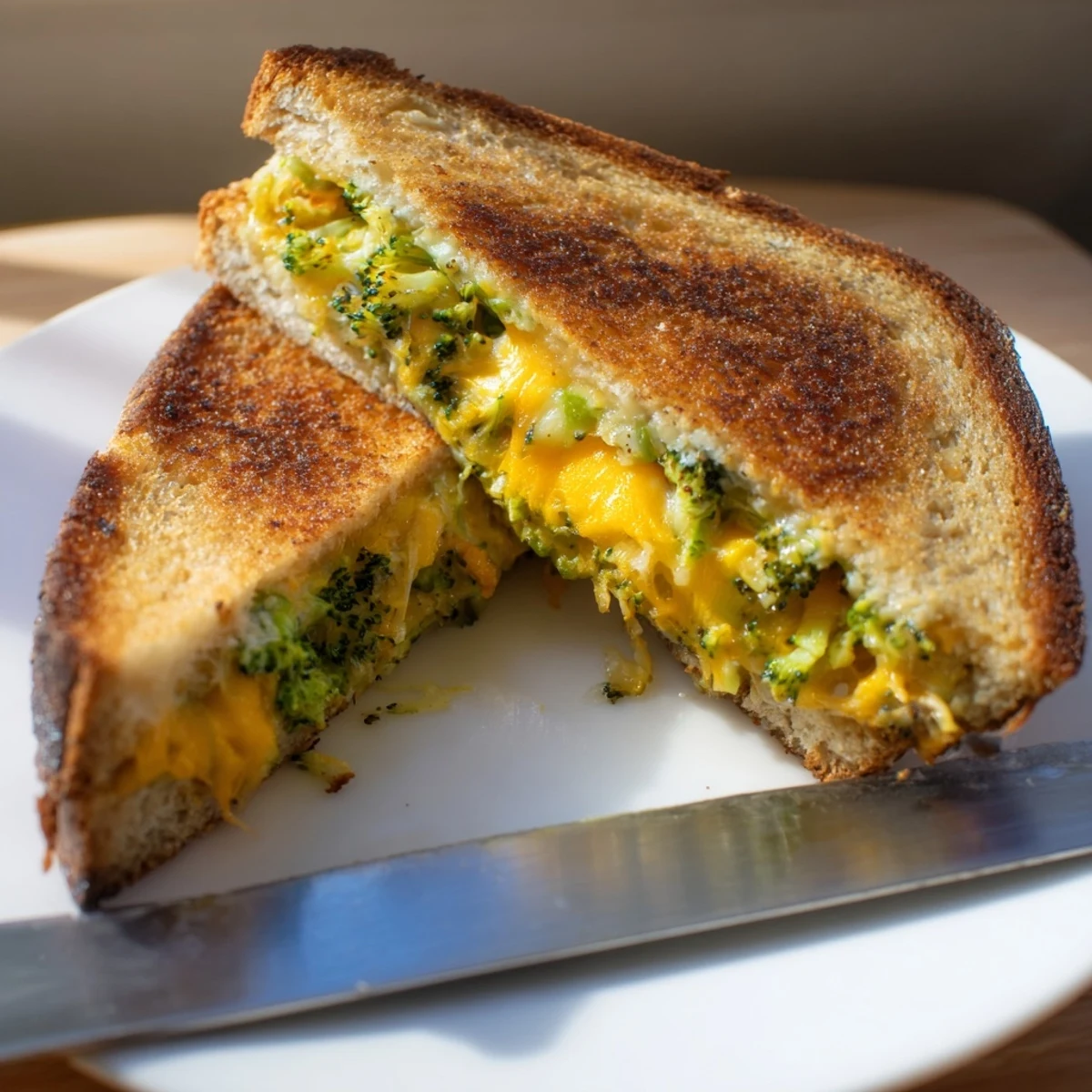 Serve this comforting Roasted Broccoli & Cheddar Grilled Cheese warm, sliced diagonally to reveal layers of melted cheddar and roasted broccoli inside.