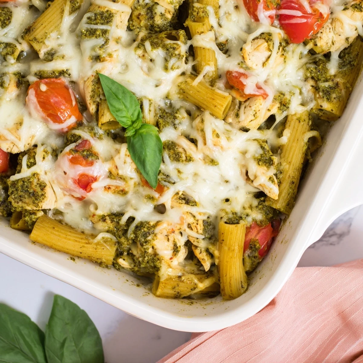 Golden baked Pesto Chicken Pasta Bake with melted mozzarella and fresh basil garnish, served hot from the oven in a rustic ceramic dish.