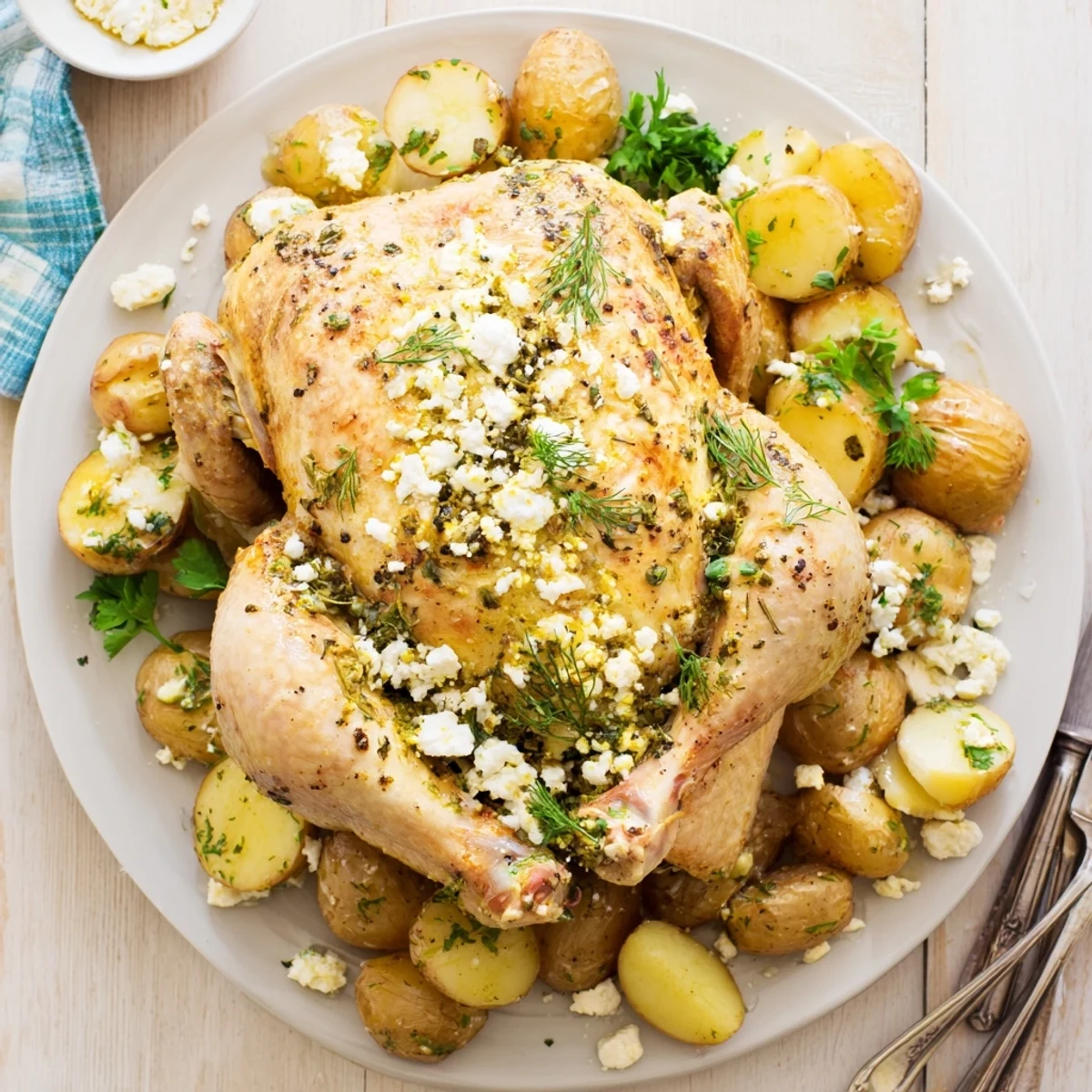 Golden roasted chicken rests beside buttery pot potatoes, finished with crumbled feta and fresh dill, lemon wedges on the side.