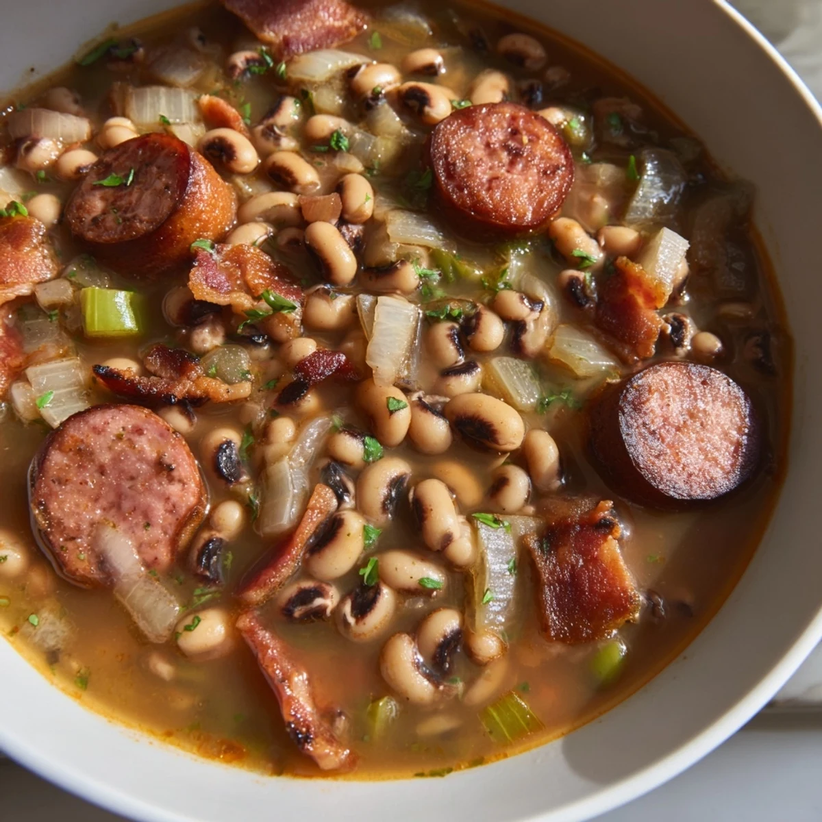 A close-up of Southern-Style Black-Eyed Peas simmering in a Dutch oven, with smoky sausage and aromatic vegetables visible in the rich, savory broth.