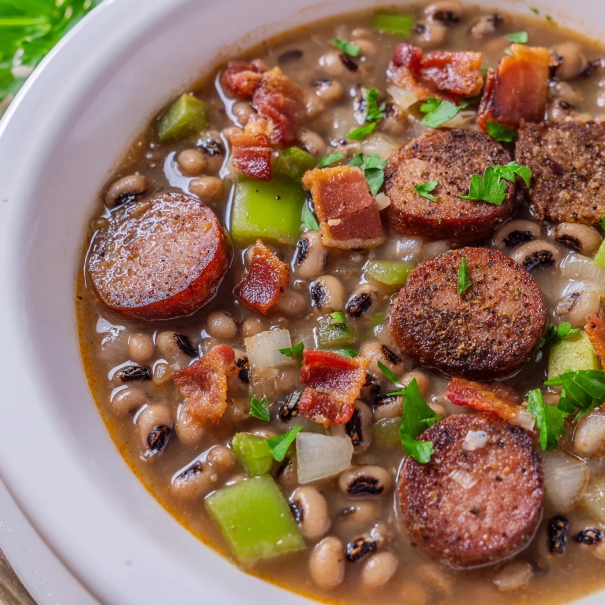 Six hearty servings of Southern-Style Black-Eyed Peas are garnished with fresh parsley and served alongside warm cornbread and a dash of hot sauce.