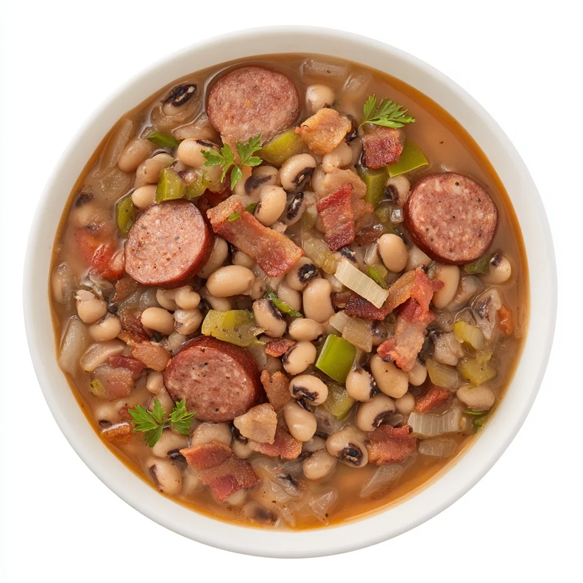 Steaming Southern-Style Black-Eyed Peas in a rustic pot, showcasing tender legumes and diced bacon mingling with spices for a comforting, family-style meal.