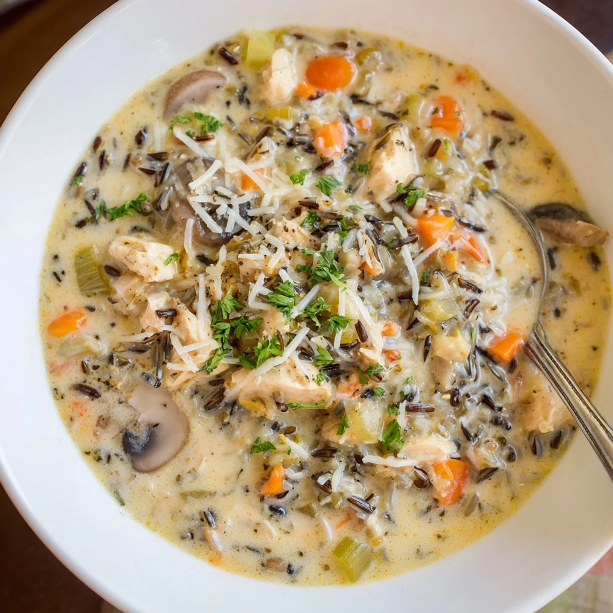A steaming bowl of creamy Parmesan Mushroom Chicken and Wild Rice Soup, garnished with fresh parsley and extra cheese.
