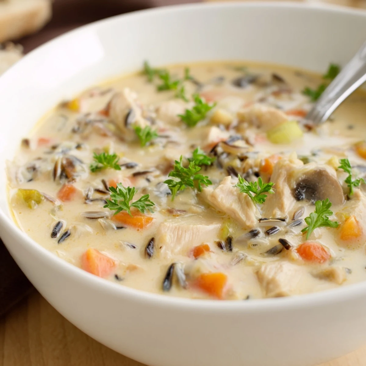 Spooning up the hearty Parmesan Mushroom Chicken and Wild Rice Soup, with tender chicken pieces and earthy mushrooms visible.