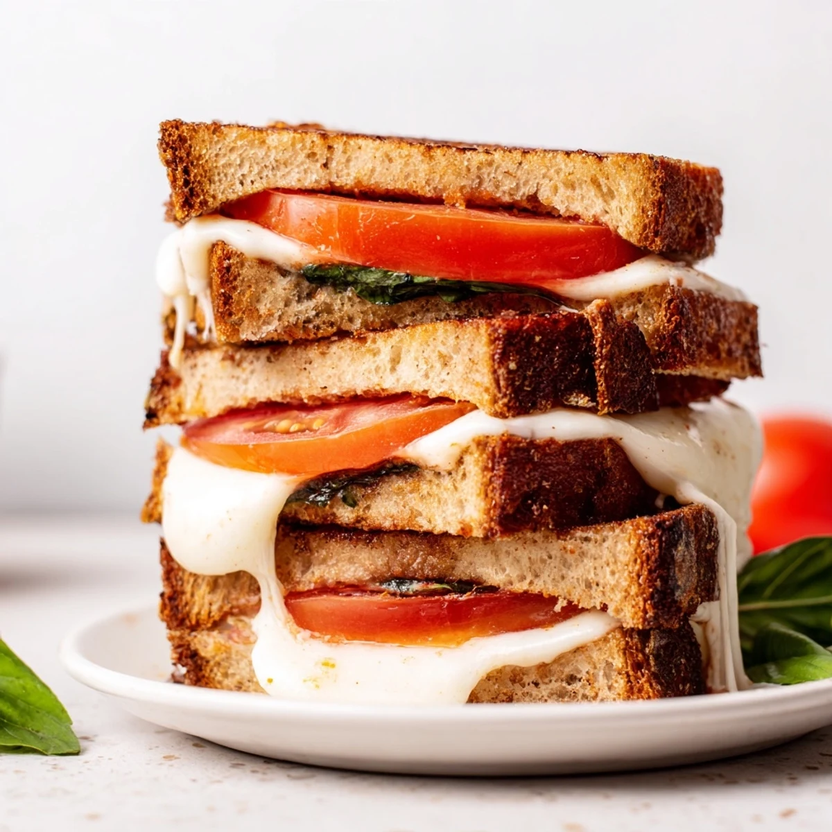 Golden toasted sourdough slices stuffed with melted fresh mozzarella, juicy tomato slices, and fragrant basil leaves for a classic Italian-inspired sandwich.  