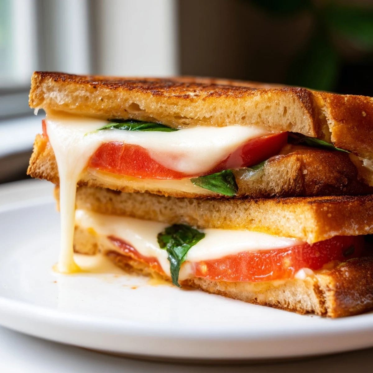 Toasted buttery bread holding melted mozzarella, layered with red tomato slices and green basil leaves, served alongside a steaming bowl of tomato soup.