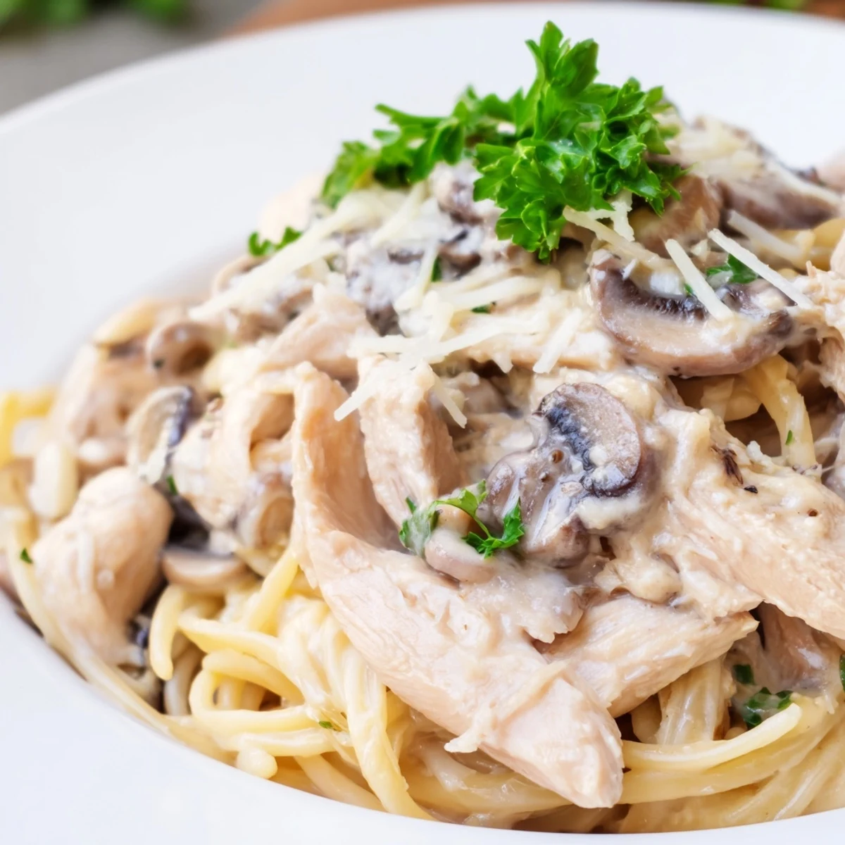 Spoon up a comforting plate of Creamy Mushroom Chicken Spaghettini, twirled noodles tossed with creamy mushroom sauce and topped with shaved Parmesan.