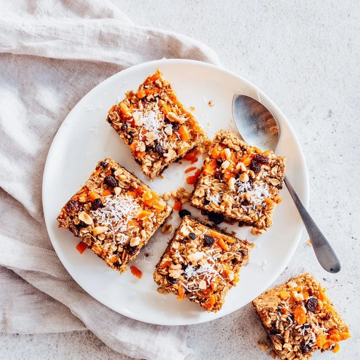 A warm slice of Carrot Cake Baked Oatmeal topped with maple syrup and chopped walnuts on a rustic plate.
