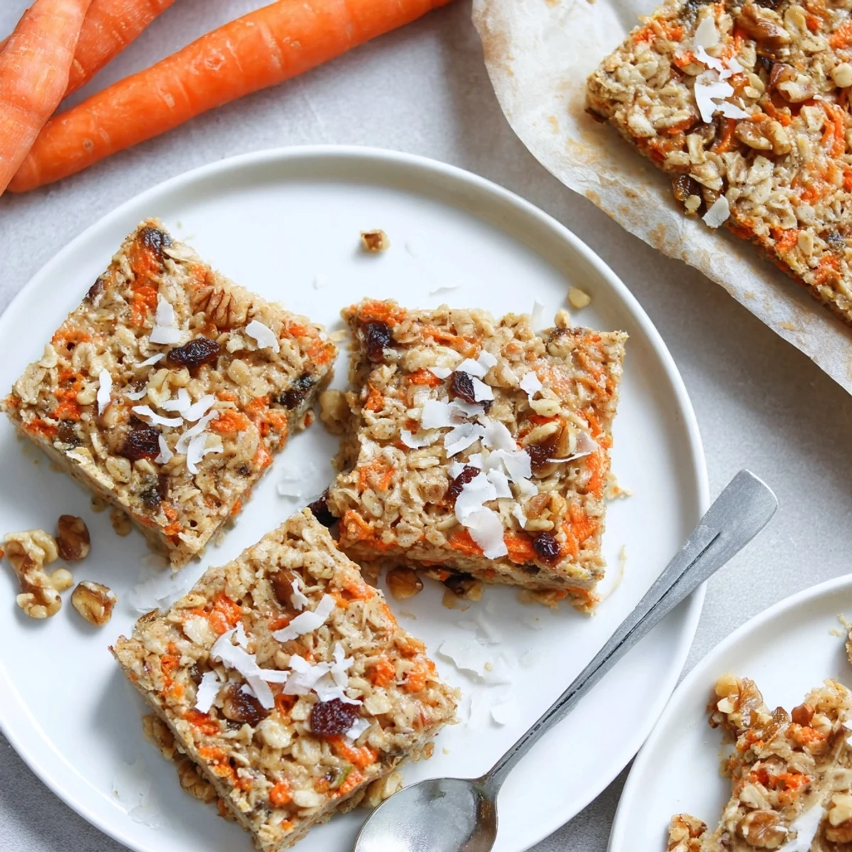 Golden brown Carrot Cake Baked Oatmeal with shredded carrots and raisins in a white baking dish, ready to serve.