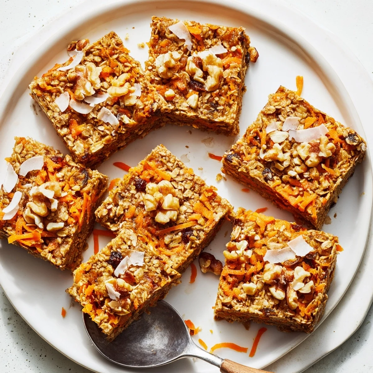 Healthy breakfast portion of Carrot Cake Baked Oatmeal with a dollop of Greek yogurt and a sprinkle of cinnamon.