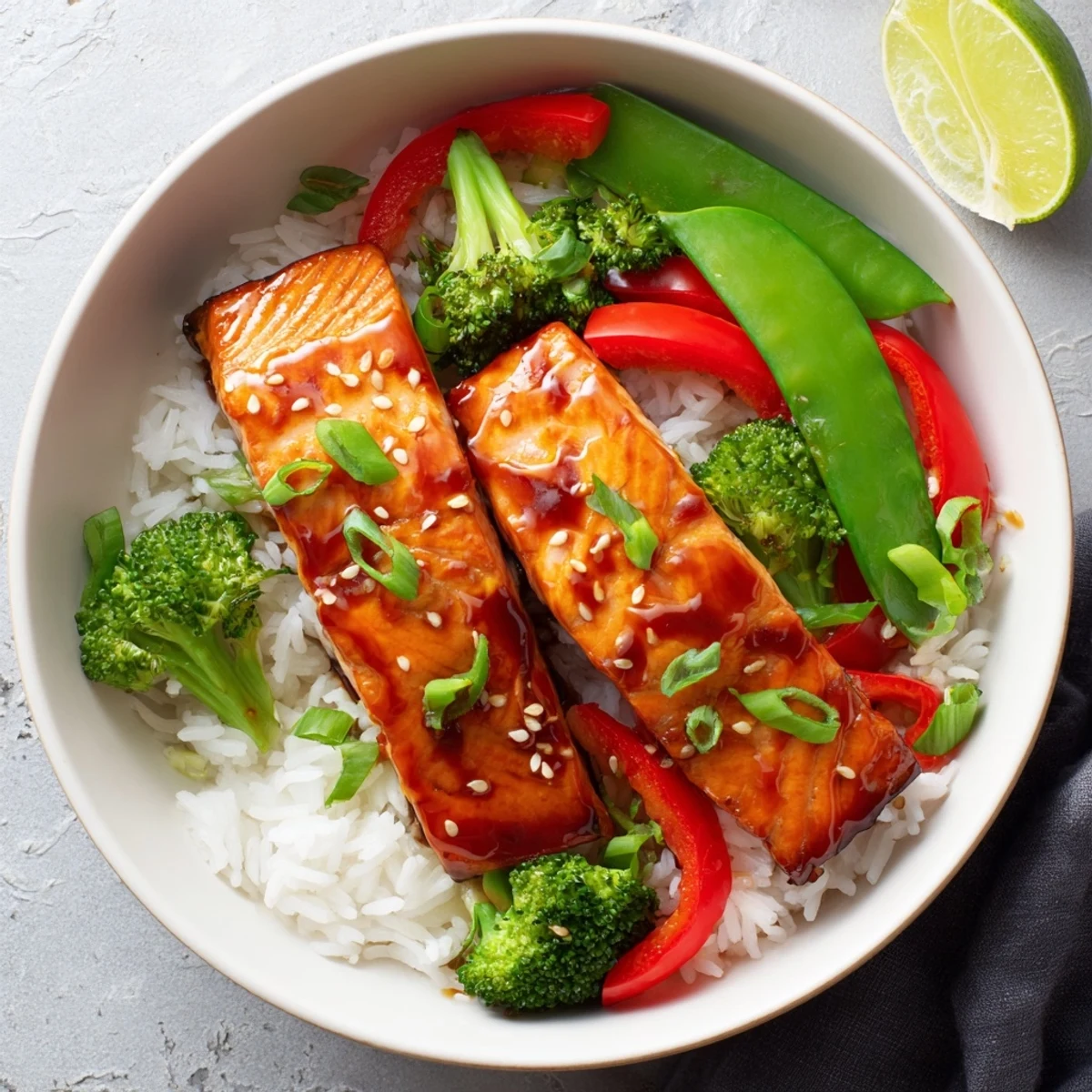 Flaky, glazed salmon fillets shimmer in a glossy maple soy sauce, nestled beside fluffy jasmine rice and vibrant steamed vegetables.