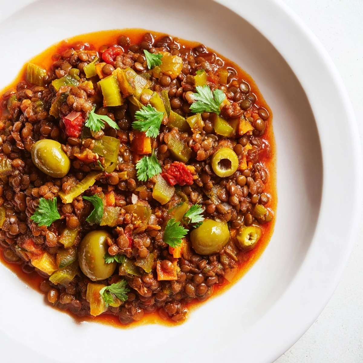 A vibrant bowl of Cuban-Inspired Lentil Picadillo served with fluffy white rice and sweet plantains.