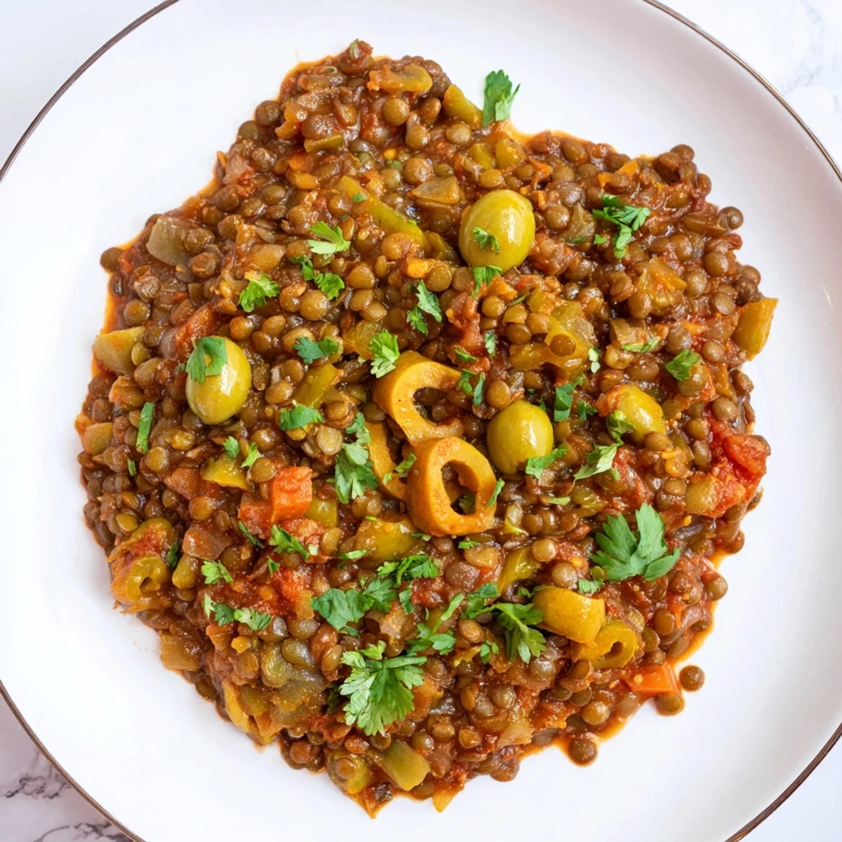 Steaming Cuban-Inspired Lentil Picadillo in a skillet with olives, raisins, and fresh cilantro garnish.