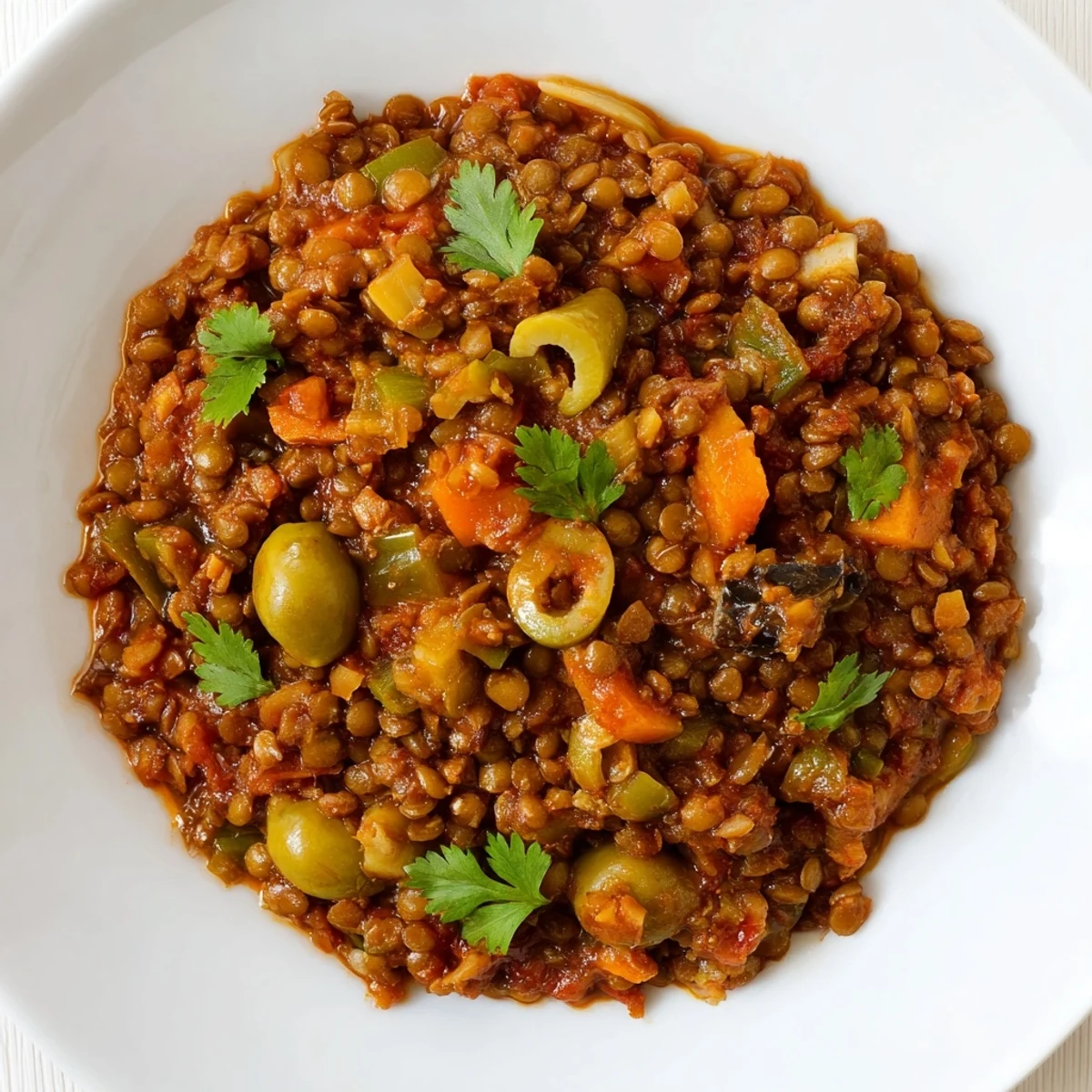 Close-up of Cuban-Inspired Lentil Picadillo showing hearty lentils, diced carrots, and briny green olives.