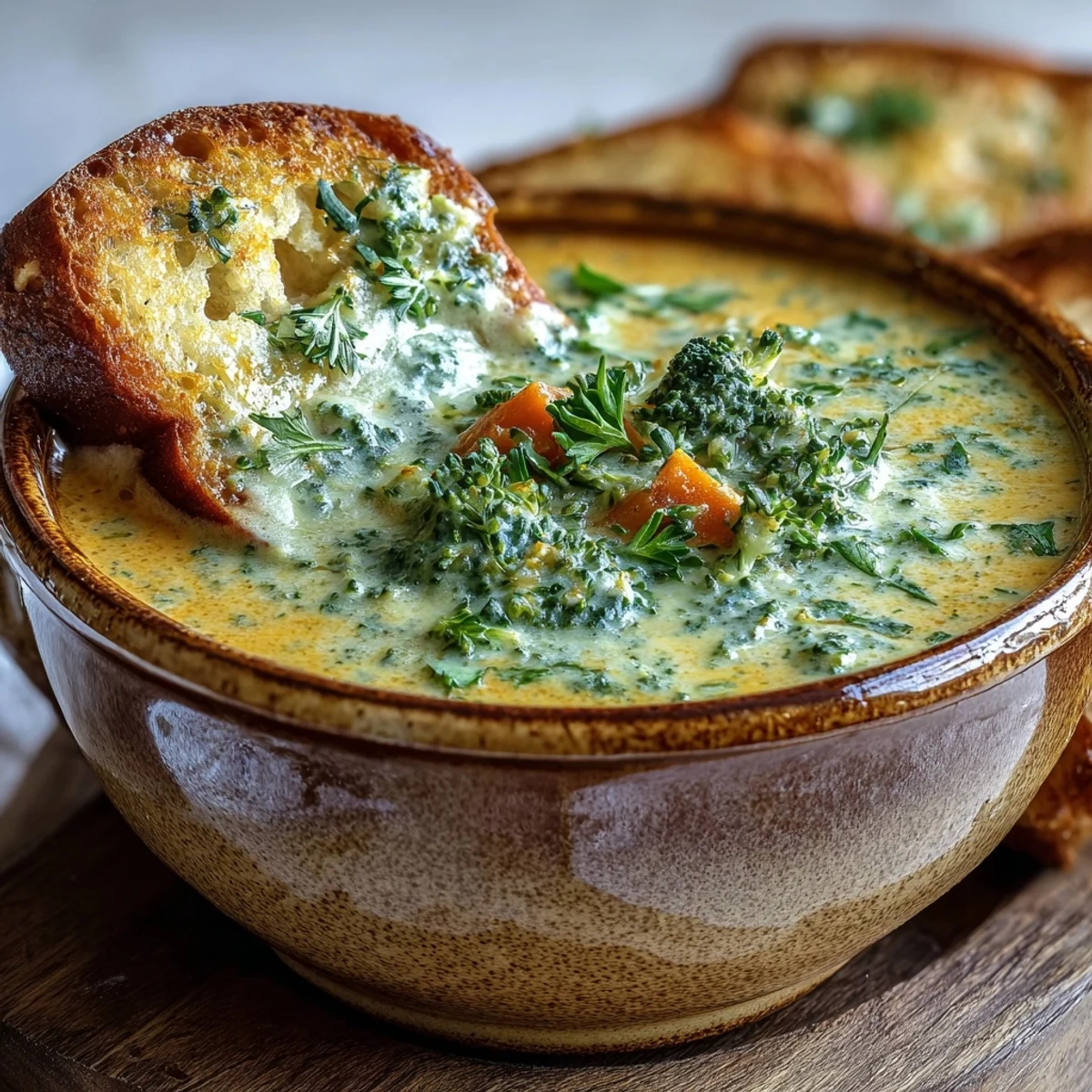 A creamy bowl of roasted broccoli cheddar soup garnished with golden florets and fresh herbs on a rustic table.