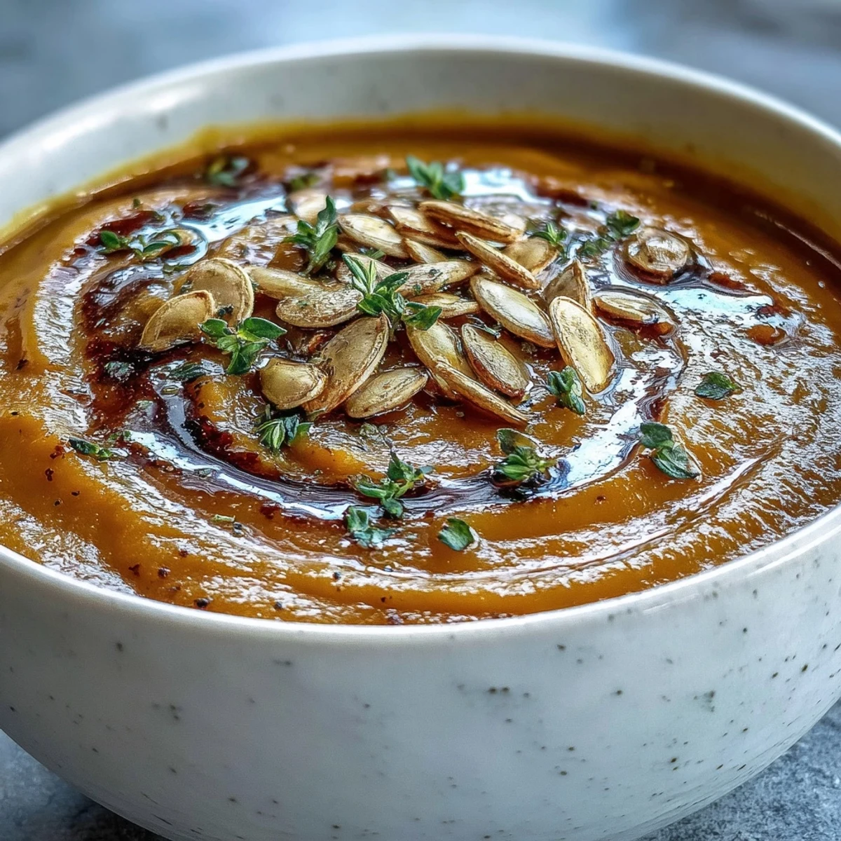 Creamy Easy Roasted Butternut Squash Soup garnished with thyme and pumpkin seeds.