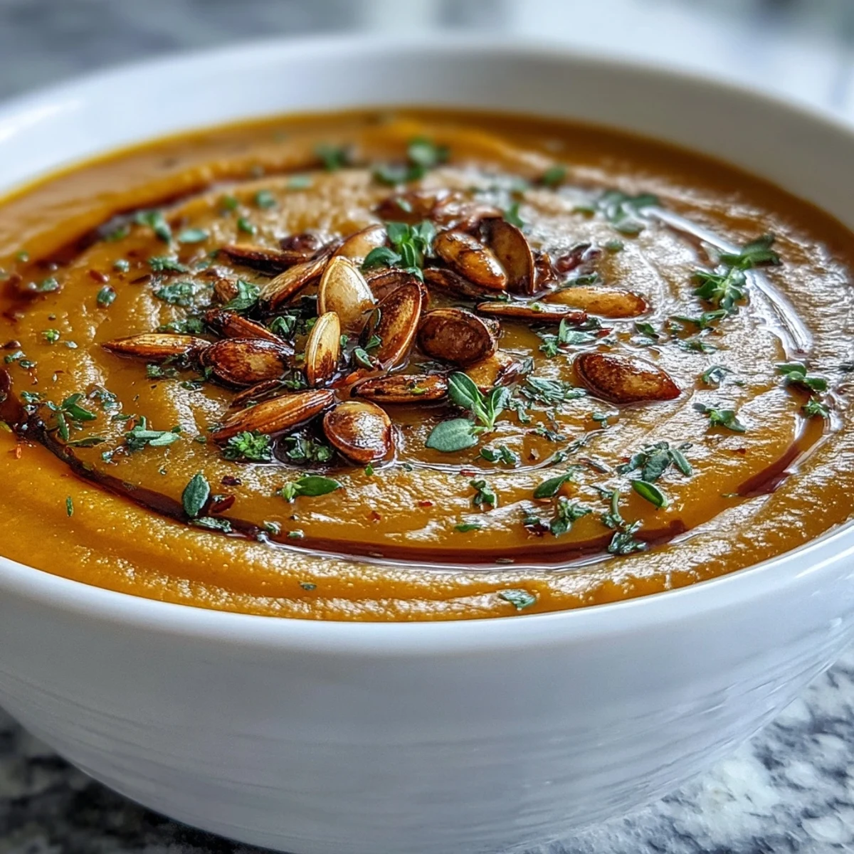 A warm bowl of Easy Roasted Butternut Squash Soup drizzled with cream.
