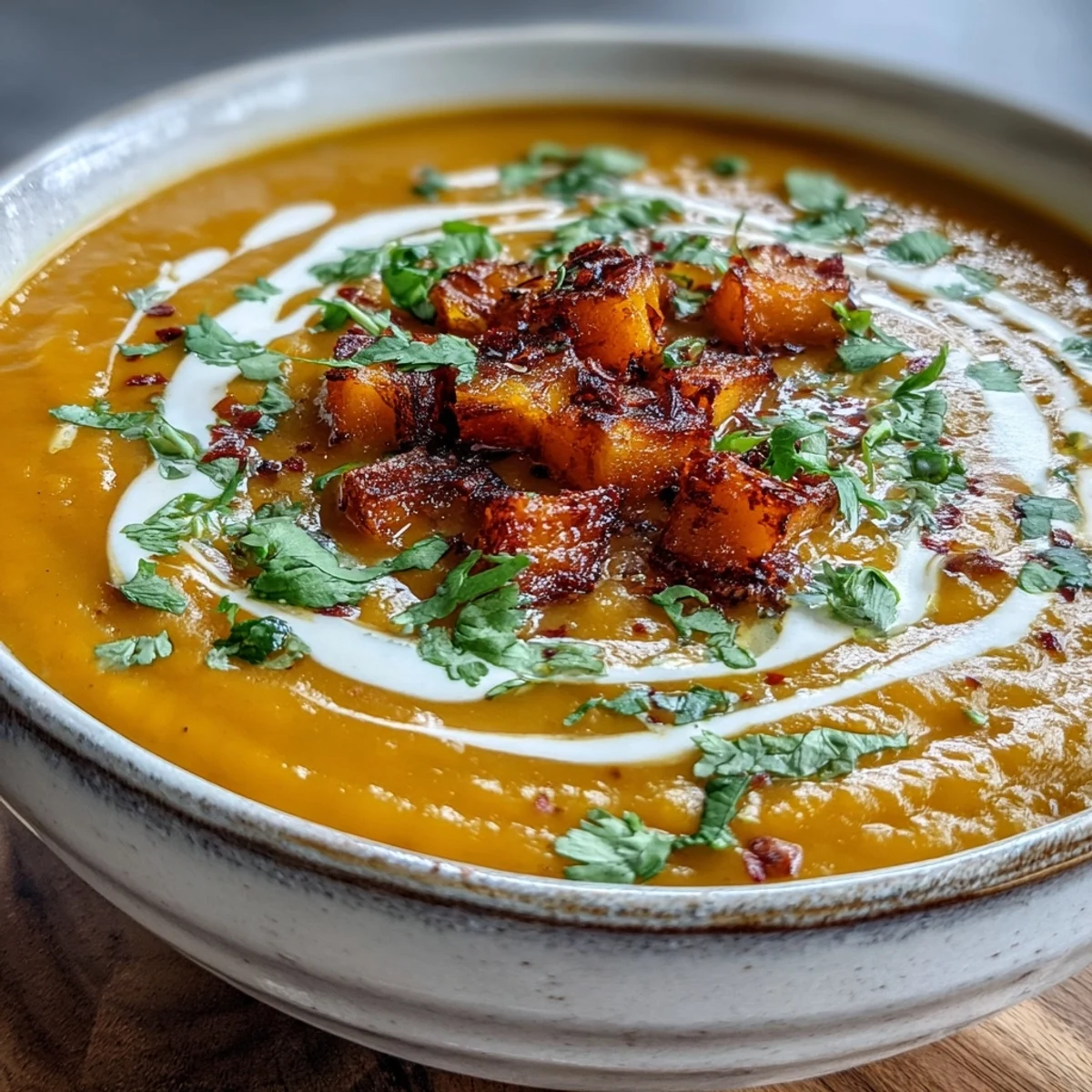 Steaming bowl of Butternut Squash and Lentil Soup garnished with cilantro and a coconut swirl.