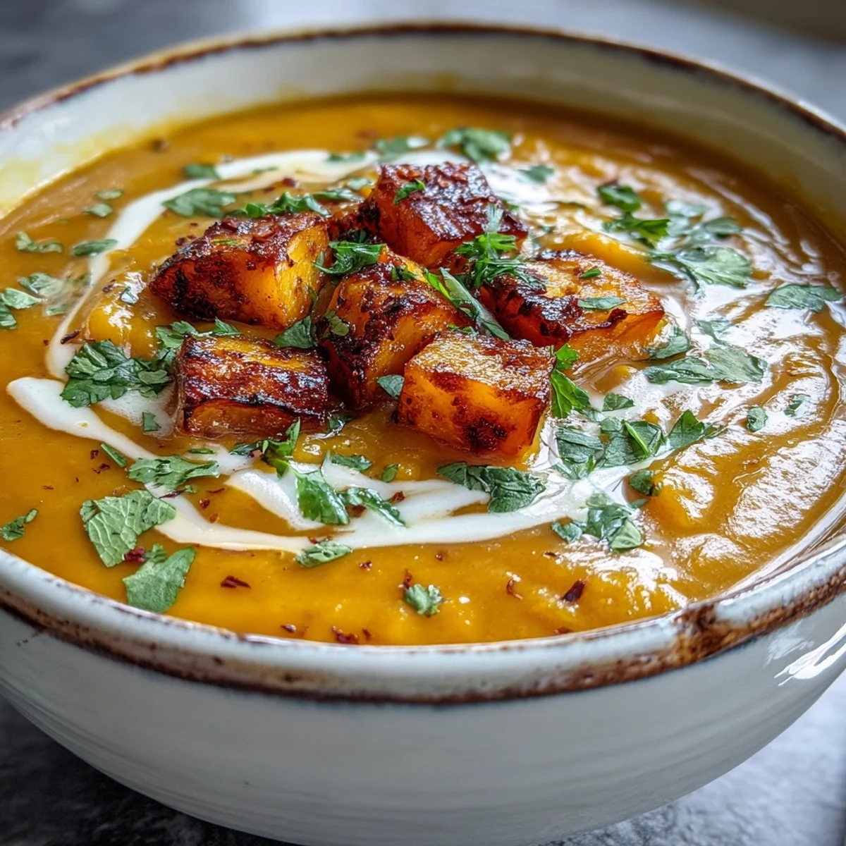 Roasted butternut squash and red lentils create a velvety, golden soup served in a rustic bowl.
