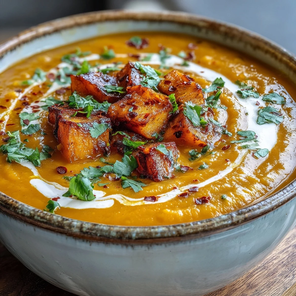 Healthy vegan Butternut Squash and Lentil Soup in a white bowl, ready for cozy weeknight dinners.