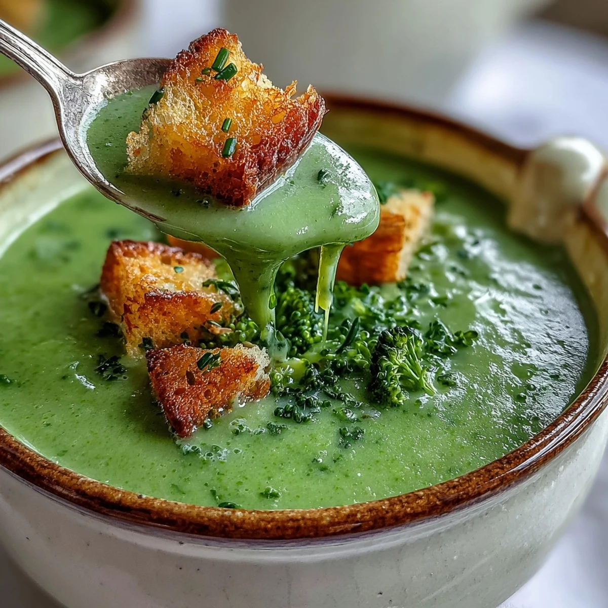 A steaming bowl of Cream of Broccoli Soup garnished with fresh chives and a swirl of cream, perfect for a cozy lunch.