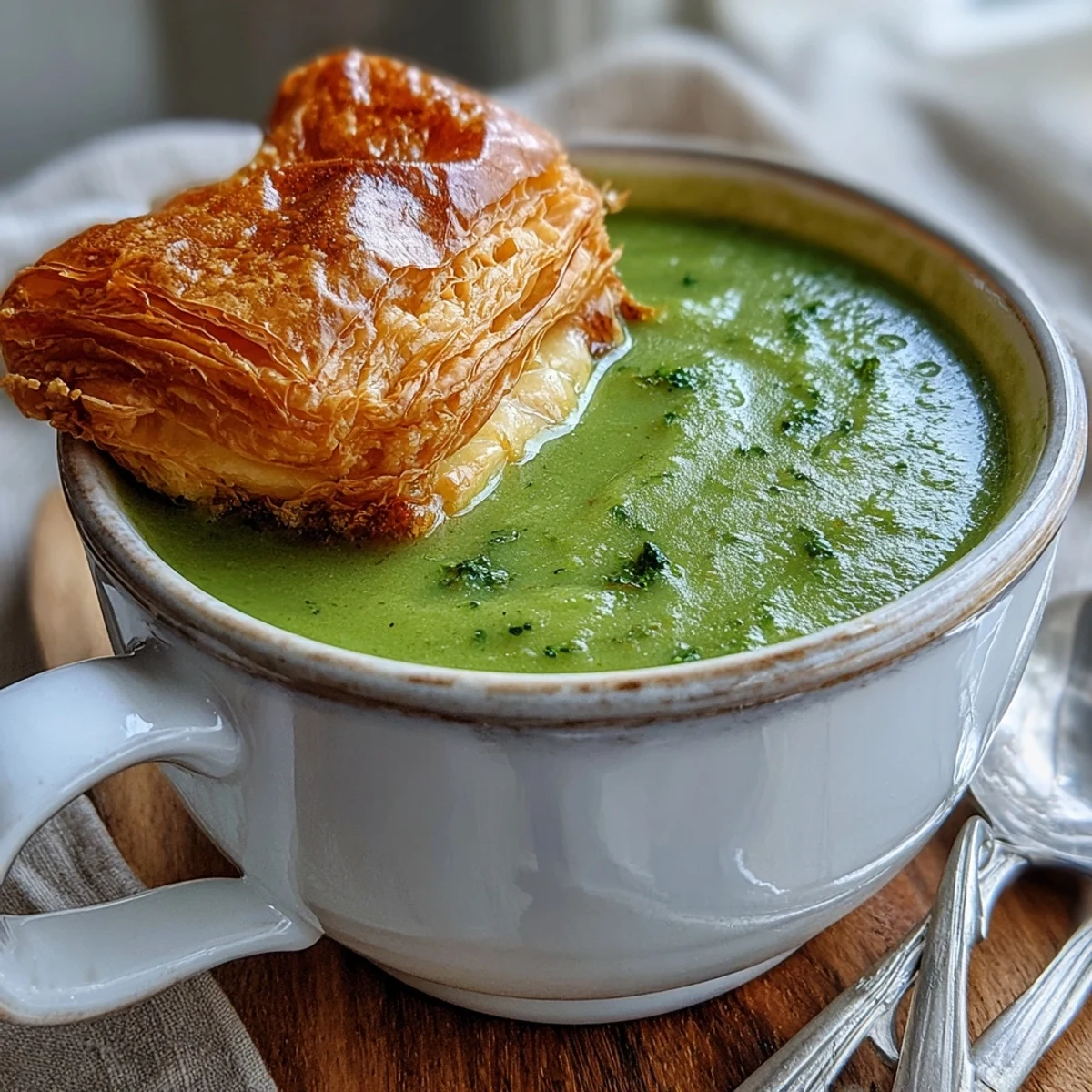 A warm bowl of Creamy Broccoli and Butternut Squash Soup garnished with a golden cheese pastry.