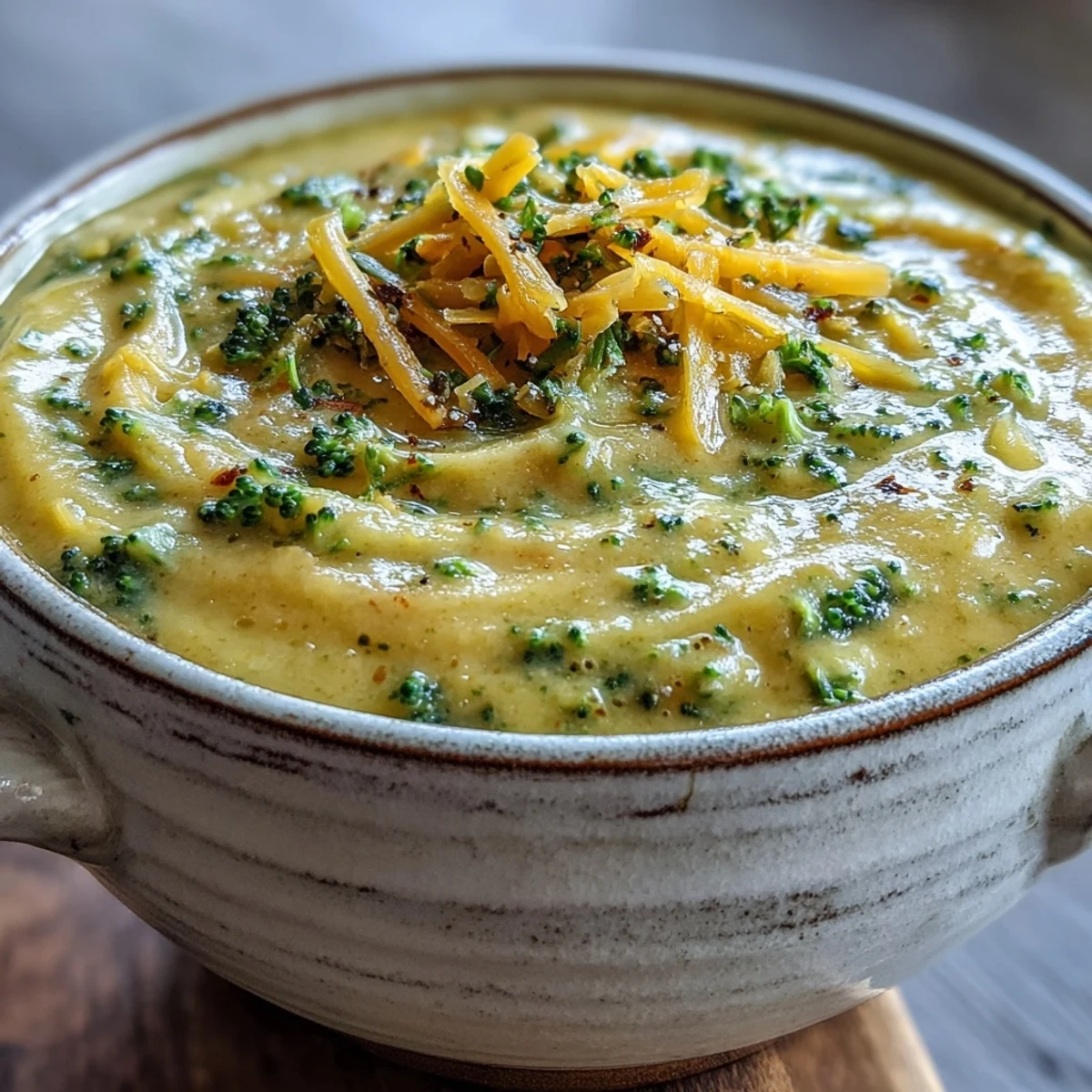 Velvety Butternut Squash Broccoli Cheddar Soup in a rustic bowl with crusty bread.