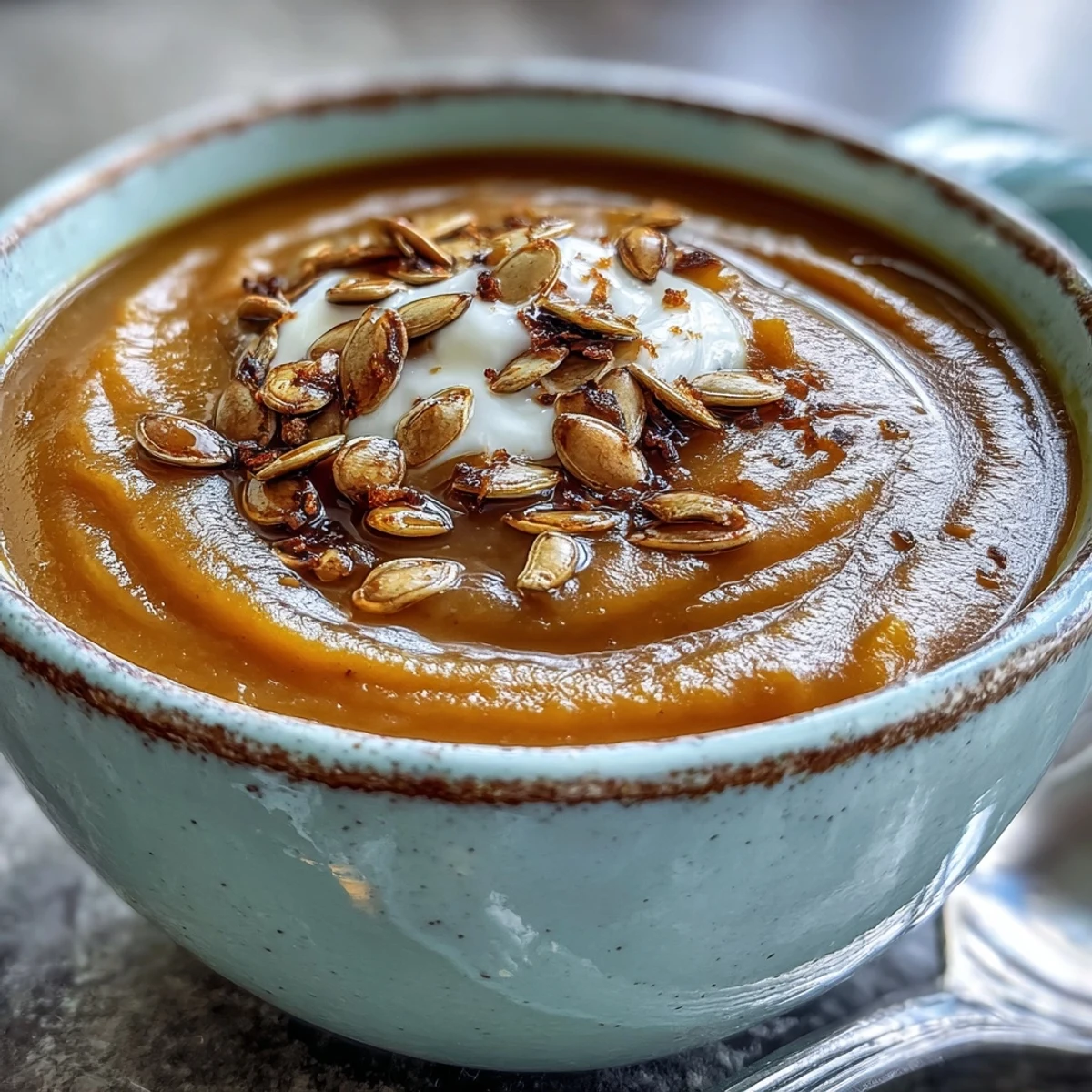 Golden-hued Butternut Squash and Apple Soup in a rustic bowl, garnished with thyme and pumpkin seeds.  