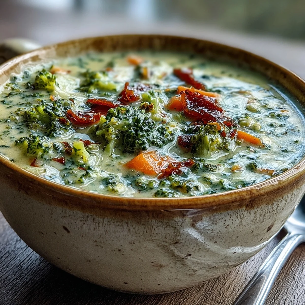 Hearty homemade Broccoli Cheddar Soup simmers in a pot, steam rising from velvety broth with colorful vegetables and melted cheese.