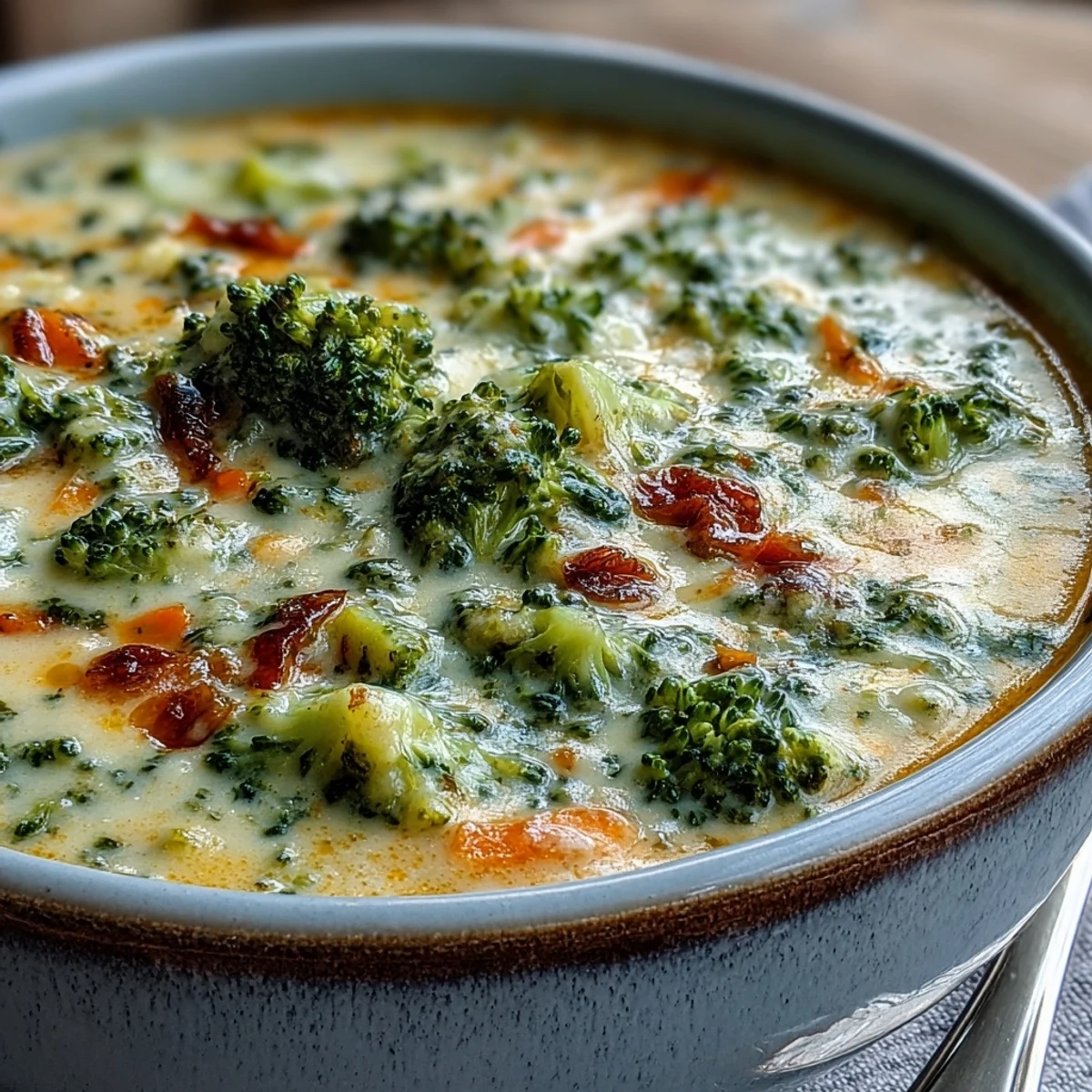 Cozy mug of Broccoli Cheddar Soup beside toasted bread, ideal for chilly days and quick, comforting weeknight dinners.