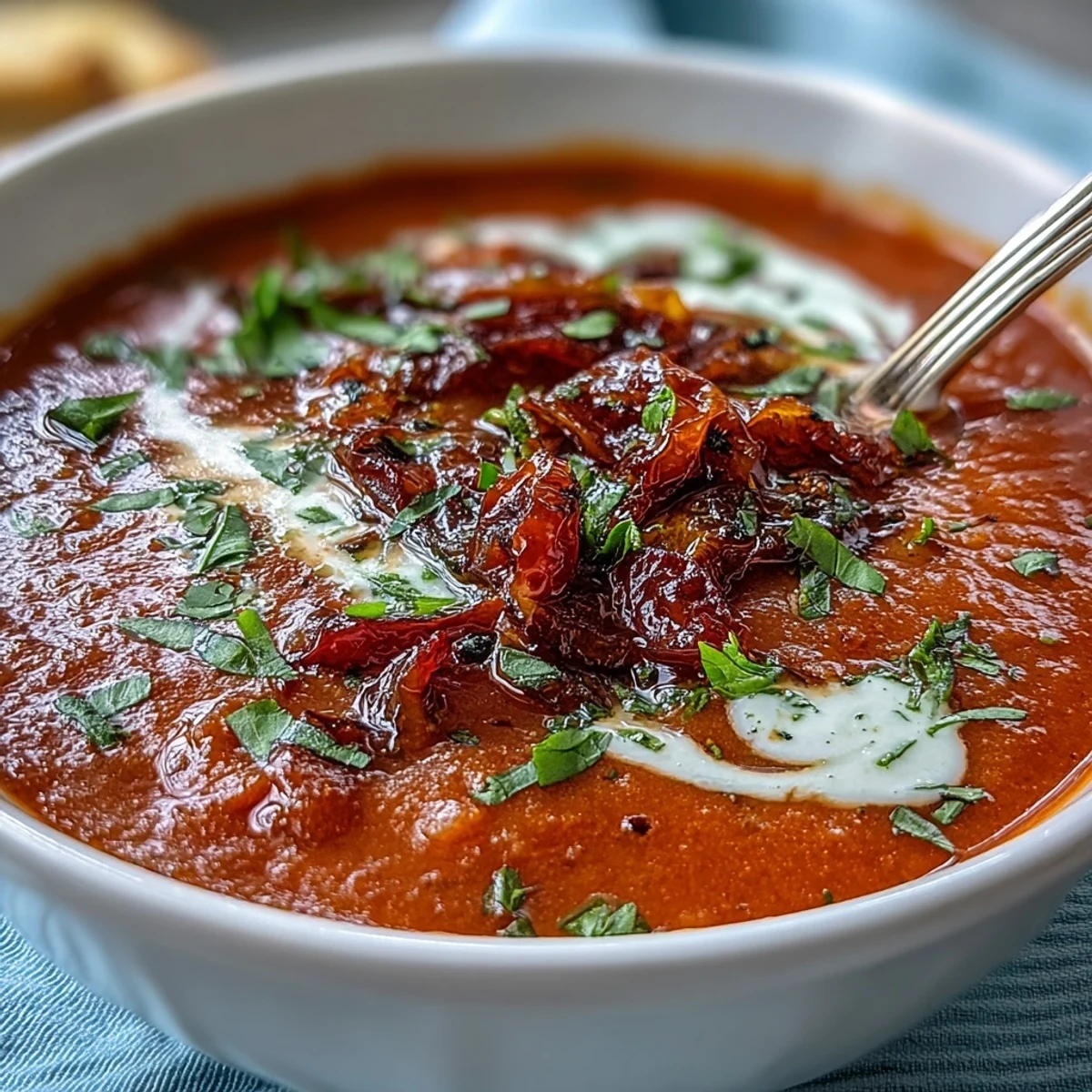 A warm bowl of roasted tomato basil soup, garnished with fresh basil leaves and a swirl of heavy cream.