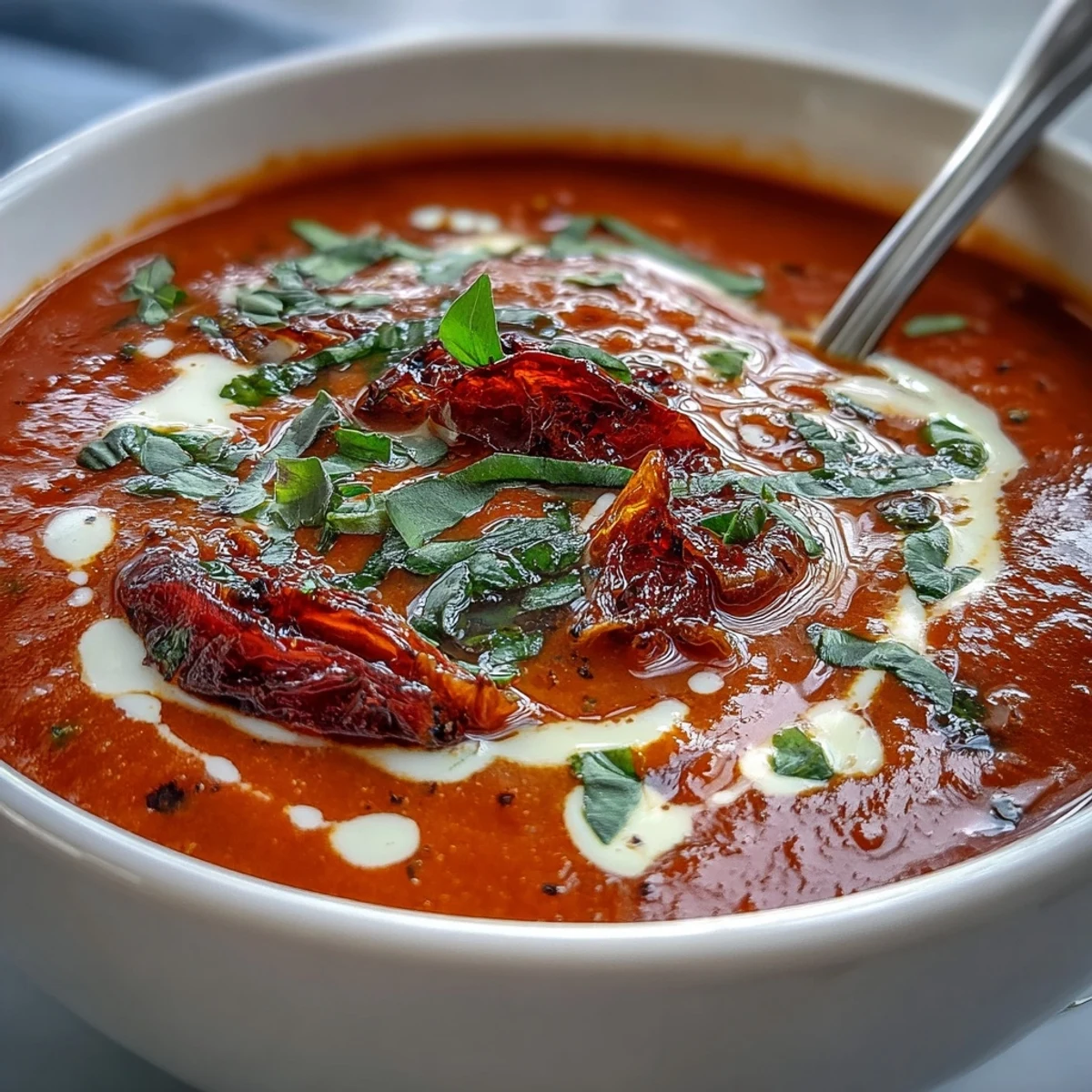 Close-up of roasted tomato basil soup, featuring caramelized tomatoes and onions blended into a silky, vibrant red texture.
